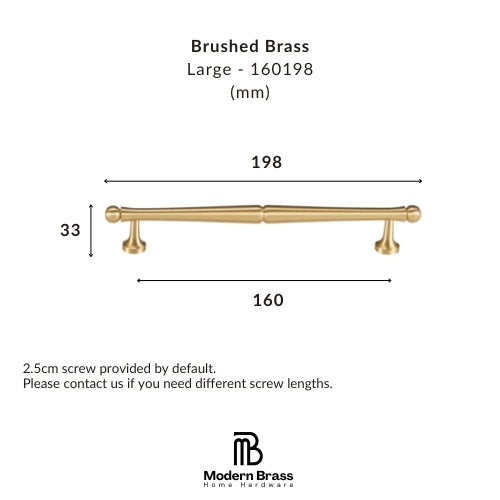 Measurement chart of a brushed brass cabinet handle with dimensions and Modern Brass logo.