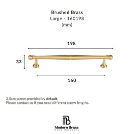 Measurement chart of a brushed brass cabinet handle with dimensions and Modern Brass logo.
