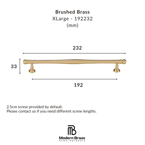 Measurement chart for a brushed brass cabinet handle with dimensions and Modern Brass logo.