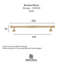 Measurement chart for a brushed brass cabinet handle with dimensions and Modern Brass logo.