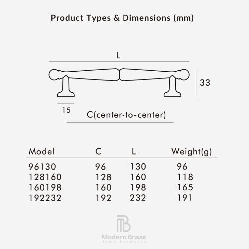 Product dimensions chart with measurements in millimeters for different models, featuring the brand 'Modern Brass'.