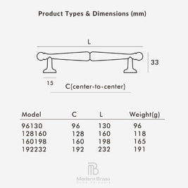 Product dimensions chart with measurements in millimeters for different models, featuring the brand 'Modern Brass'.