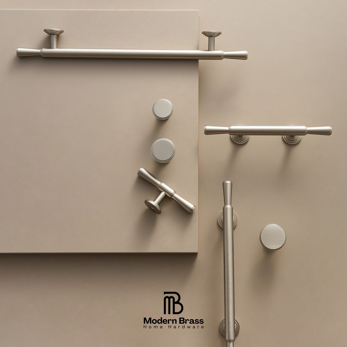 Collection of modern bathroom fixtures on a beige background with 'Modern Brass' branding.