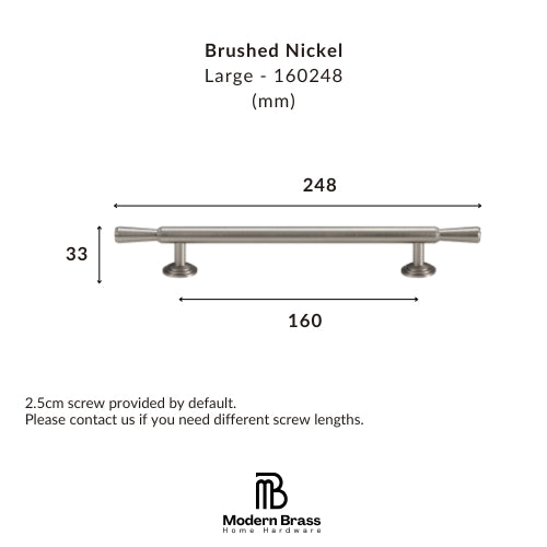 Measurement chart for a brushed nickel cabinet handle with dimensions and Modern Brass logo.