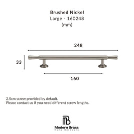 Measurement chart for a brushed nickel cabinet handle with dimensions and Modern Brass logo.