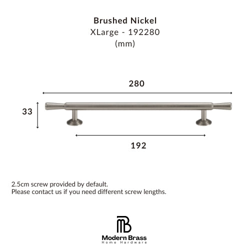 Measurement chart for a brushed nickel handle with dimensions and Modern Brass logo.