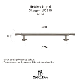 Measurement chart for a brushed nickel handle with dimensions and Modern Brass logo.