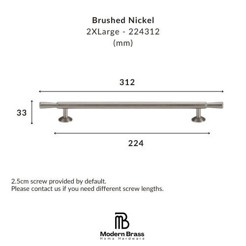 Measurement chart for a brushed nickel cabinet handle with dimensions and Modern Brass logo.