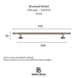 Measurement chart for a brushed nickel cabinet handle with dimensions and Modern Brass logo.
