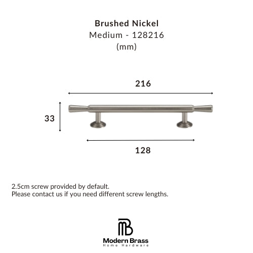 Measurement chart for a brushed nickel cabinet handle with dimensions and Modern Brass logo.