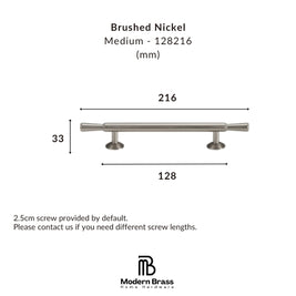 Measurement chart for a brushed nickel cabinet handle with dimensions and Modern Brass logo.
