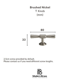 Measurement chart for a brushed nickel T knob with dimensions and Modern Brass logo.