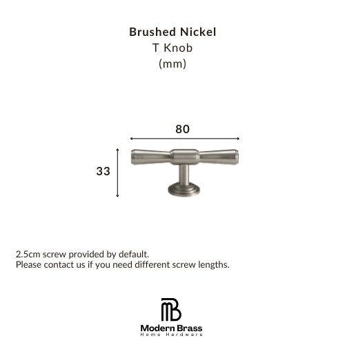 Measurement chart for a brushed nickel T knob with dimensions and Modern Brass logo.