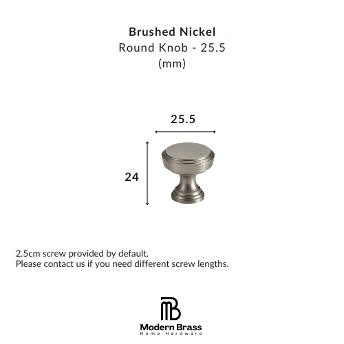 Brushed nickel round knob with dimensions on a white background, featuring the Modern Brass logo.