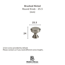Brushed nickel round knob with dimensions on a white background, featuring the Modern Brass logo.