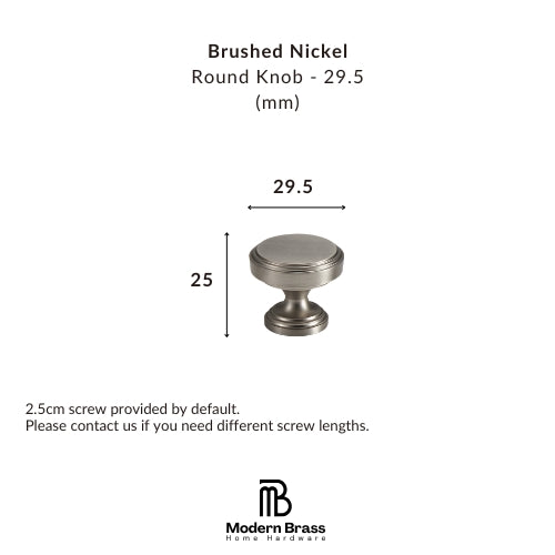 Measurement chart for a brushed nickel round knob with dimensions and Modern Brass logo.