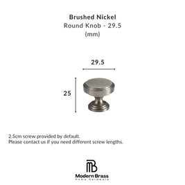 Measurement chart for a brushed nickel round knob with dimensions and Modern Brass logo.
