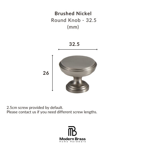 Brushed nickel round knob with dimensions on a white background