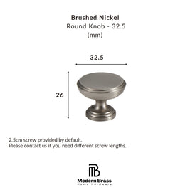 Brushed nickel round knob with dimensions on a white background