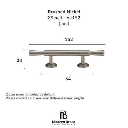 Measurement chart for a brushed nickel cabinet handle with dimensions and Modern Brass logo.
