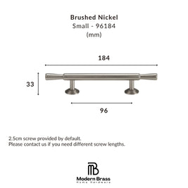 Measurement chart for a brushed nickel cabinet handle with dimensions and Modern Brass logo.