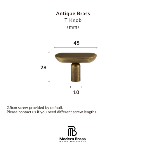 A product information graphic for an Antique Brass T Knob from Modern Brass Home Hardware, showing a brass knob with dimension labels of 80mm width and 33mm height, plus text noting a 2.5cm screw is included by default.