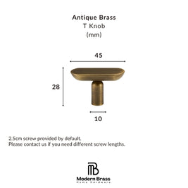 A product information graphic for an Antique Brass T Knob from Modern Brass Home Hardware, showing a brass knob with dimension labels of 80mm width and 33mm height, plus text noting a 2.5cm screw is included by default.