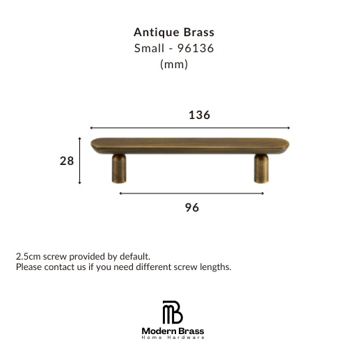 Product dimension diagram of an Antique Brass small cabinet pull handle by Modern Brass Home Hardware, showing measurements of 136mm length, 33mm handle height, and 96mm base span, with screw length note below.