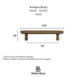 Product dimension diagram of an Antique Brass small cabinet pull handle by Modern Brass Home Hardware, showing measurements of 136mm length, 33mm handle height, and 96mm base span, with screw length note below.