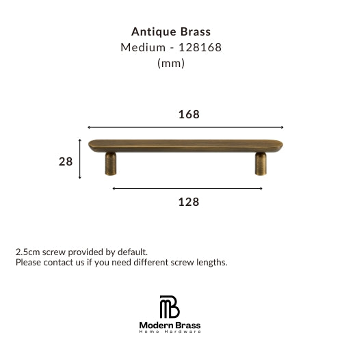 Technical dimension diagram of an antique brass cabinet pull handle, showing measurements of 168 mm width, 128 mm span, and 33 mm height, with the Modern Brass Home Hardware logo at the bottom.