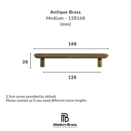 Technical dimension diagram of an antique brass cabinet pull handle, showing measurements of 168 mm width, 128 mm span, and 33 mm height, with the Modern Brass Home Hardware logo at the bottom.
