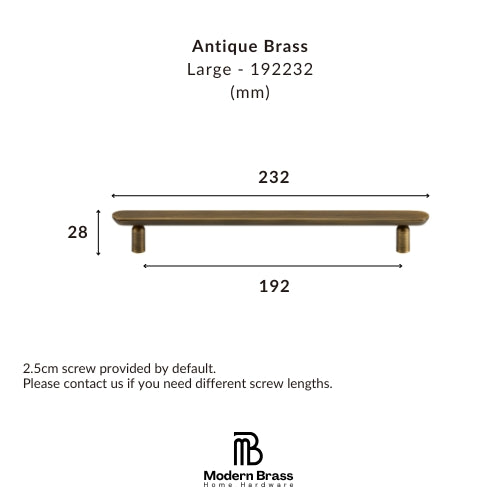 Dimension diagram of a Large Antique Brass wall hook pull with measurements 232 mm width, 192 mm span, and 28 mm height, labeled 'Antique Brass Large - 192232 (mm)' with the Modern Brass Home Hardware logo at the bottom.