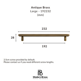 Dimension diagram of a Large Antique Brass wall hook pull with measurements 232 mm width, 192 mm span, and 28 mm height, labeled 'Antique Brass Large - 192232 (mm)' with the Modern Brass Home Hardware logo at the bottom.