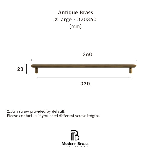 Product dimension diagram for an Antique Brass XLarge wall shelf, showing the shelf profile with measurements of 360 mm width, 320 mm shelf span, and 28 mm height, plus screw length note and the Modern Brass Home Hardware logo.