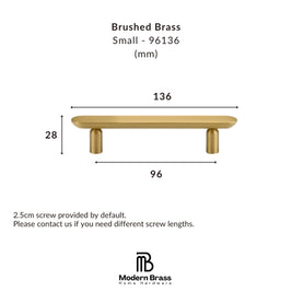 Medium brushed nickel flat oval solid brass drawer pull resting upside down showing threaded mounting posts