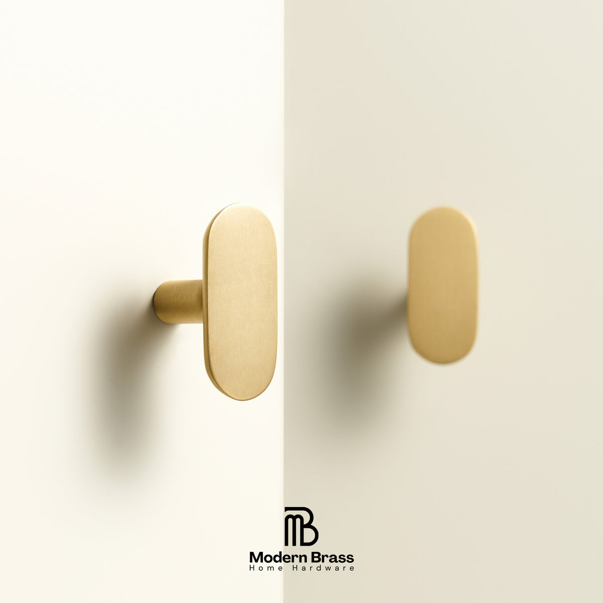 Modern Brass Home Hardware logo displayed below flat oval solid brass handles and knobs lineup