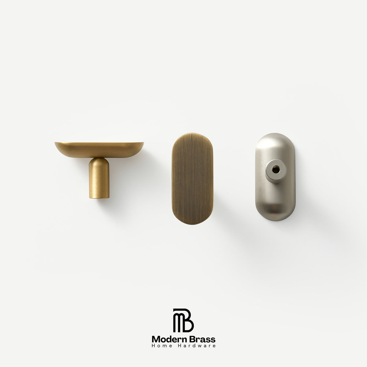 Three modern cabinet knobs in brushed brass and satin nickel finishes, displayed on a clean white background with the Modern Brass logo at the bottom.
