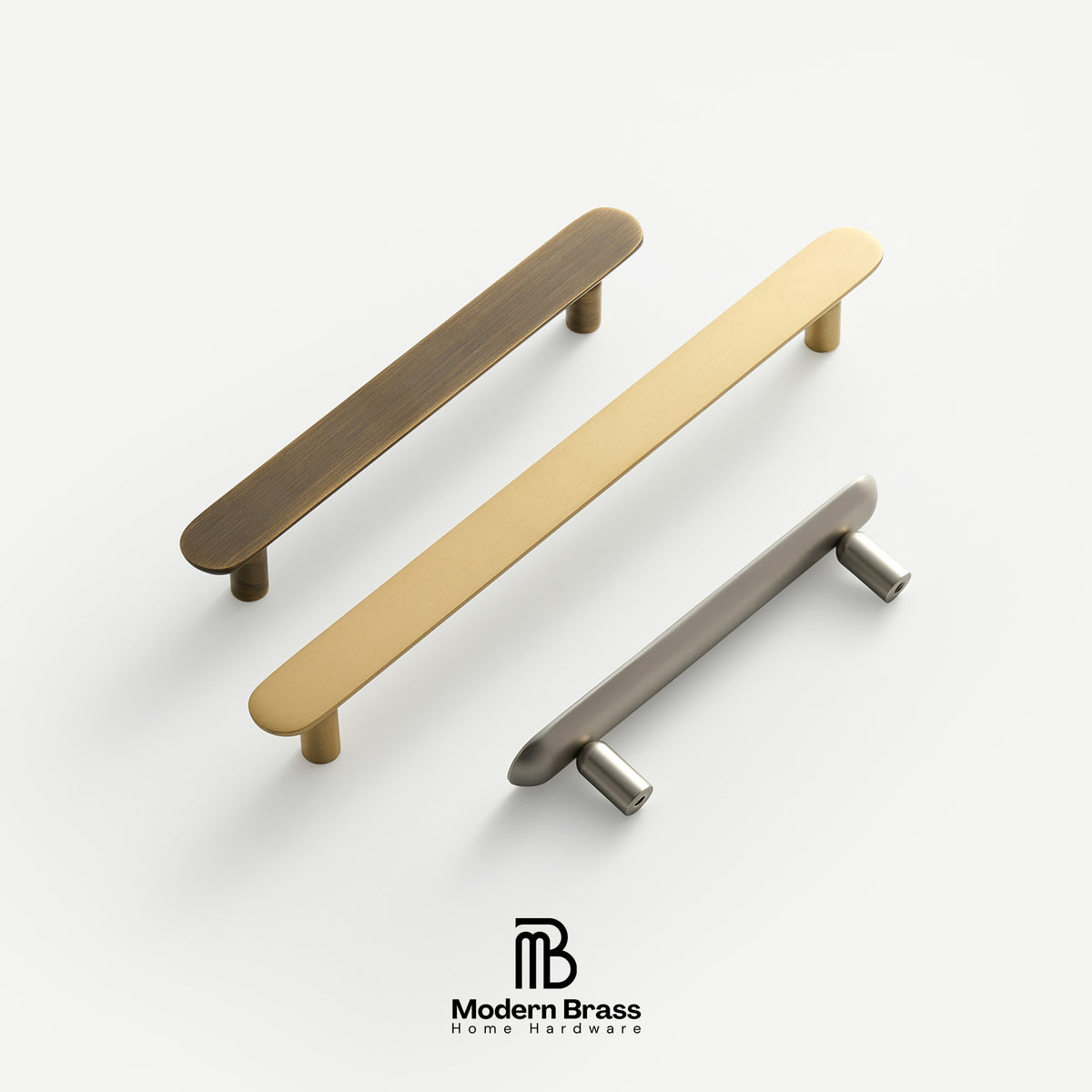 Four-piece brass cabinet hardware set including two long vertical bar handles, one short vertical bar handle, one horizontal pull handle, and three round cabinet knobs, displayed on a white surface against a beige background. The Modern Brass logo is visible at the bottom.