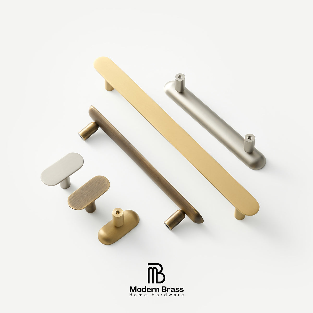 Six modern cabinet knobs in various shapes and finishes, including two long bar handles, two oval pulls, and two round knobs, shown in gold, bronze, and silver tones on a white background. The Modern Brass Home Hardware logo is visible at the bottom.