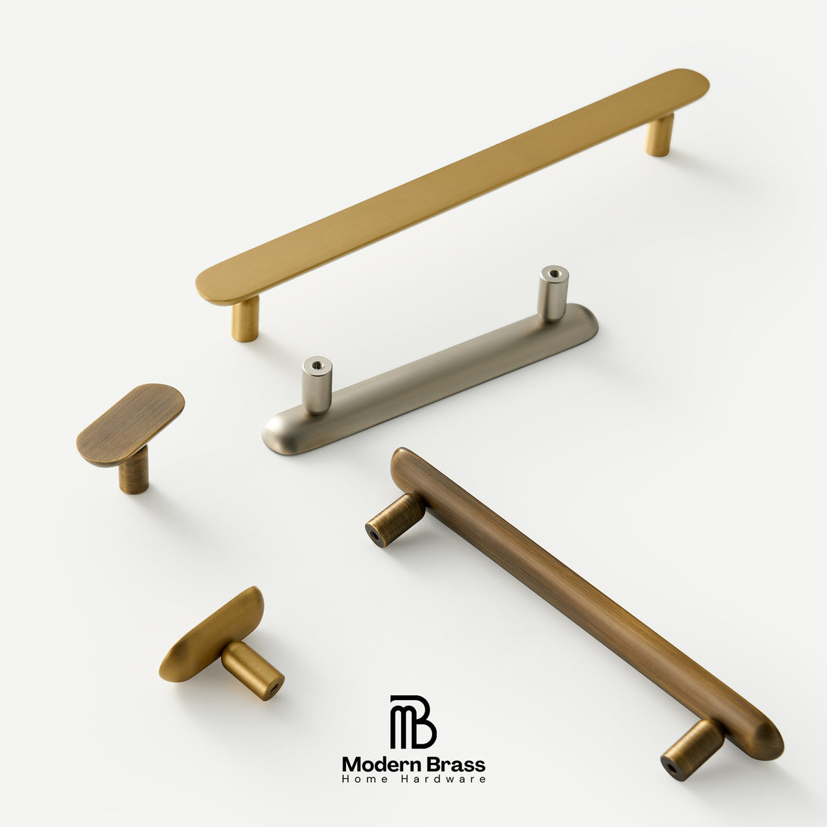 Five modern brass and bronze cabinet hardware pieces, including two long bar pulls, two oval knobs, and two round knobs, displayed on a clean white background with the Modern Brass logo at the bottom.
