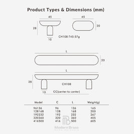 Product types and dimensions chart for CH108 table legs by Modern Brass Home Hardware, showing line drawings with measurements in millimeters and a data table below.