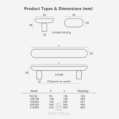 Product types and dimensions chart for CH108 table legs by Modern Brass Home Hardware, showing line drawings with measurements in millimeters and a data table below.