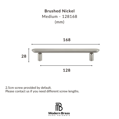 Medium brushed nickel flat oval solid brass drawer pull resting upside down showing threaded mounting posts