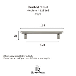 Medium brushed nickel flat oval solid brass drawer pull resting upside down showing threaded mounting posts