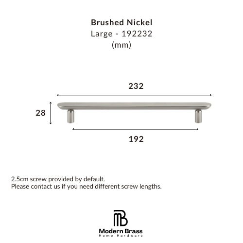 Short brushed nickel capsule-shaped solid brass T-knob standing upright on white backdrop