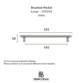 Short brushed nickel capsule-shaped solid brass T-knob standing upright on white backdrop