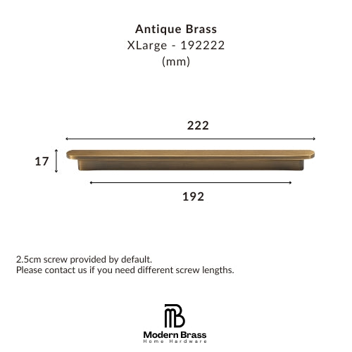 Measurement chart for antique brass hardware with dimensions and Modern Brass logo.