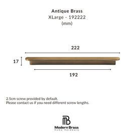 Measurement chart for antique brass hardware with dimensions and Modern Brass logo.