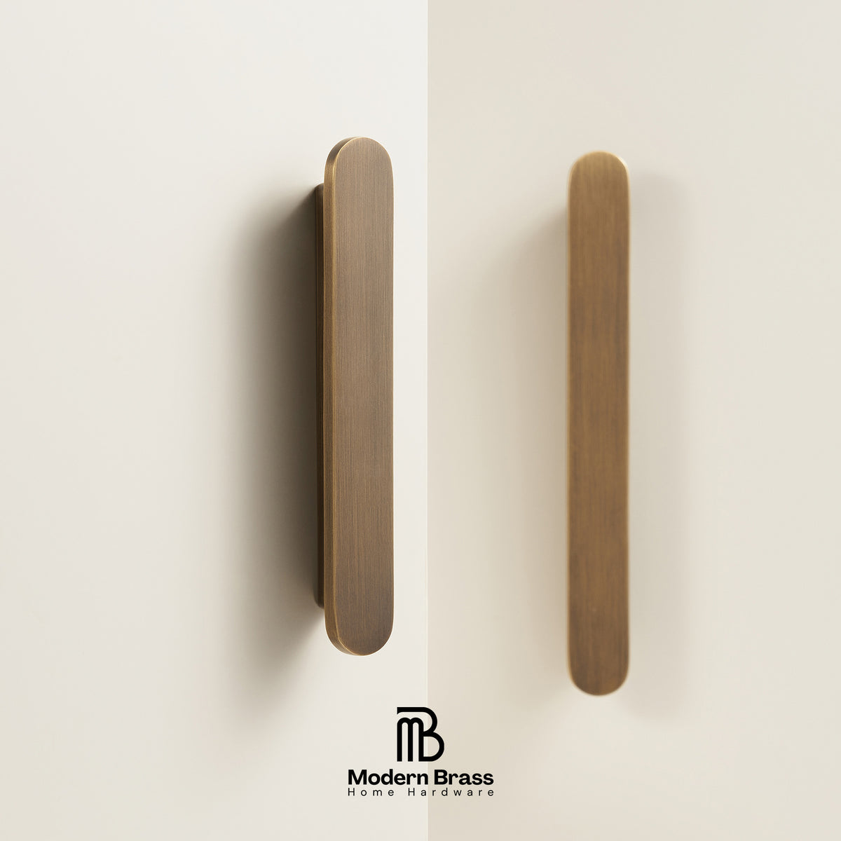 Two wooden door handles on a beige background with 'Modern Brass' branding.