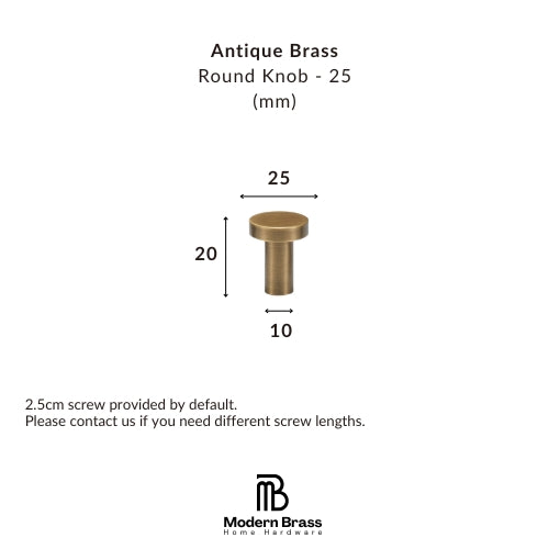 Measurement details of an antique brass round knob with dimensions on a white background, featuring the Modern Brass logo.